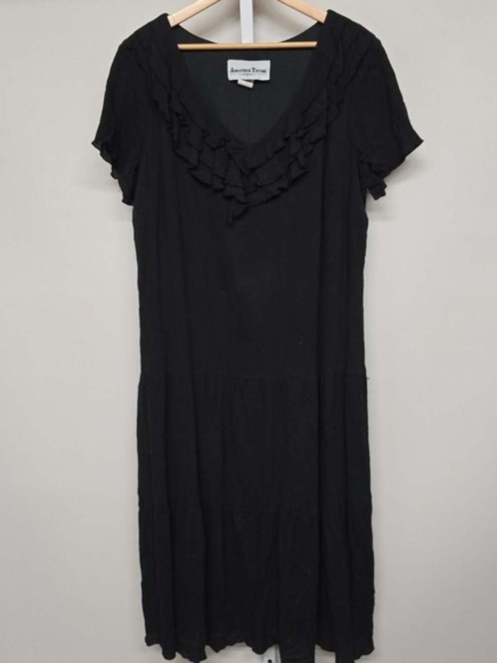 Vintage‎ ANOTHER THYME Black Textured Midi Dress Ruffle Neck Short Sleeve 1X
